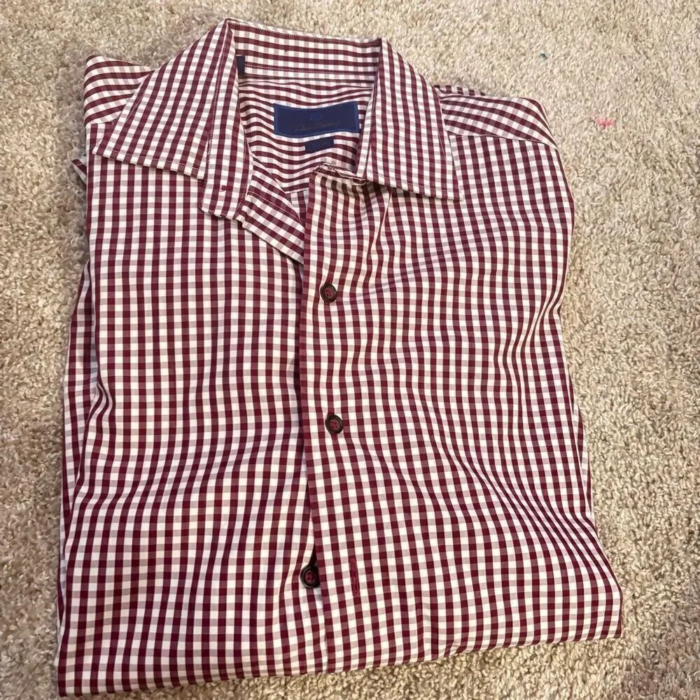 David Donahue Trim Fit Small Check Print Collar Shirt in Berry 16 -32/33 $155